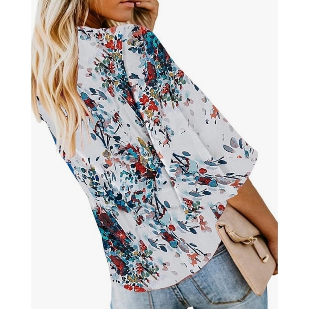 Bluetime Boho V-neck Tie Front Floral Blouse White Size M - Picture 2 of 9